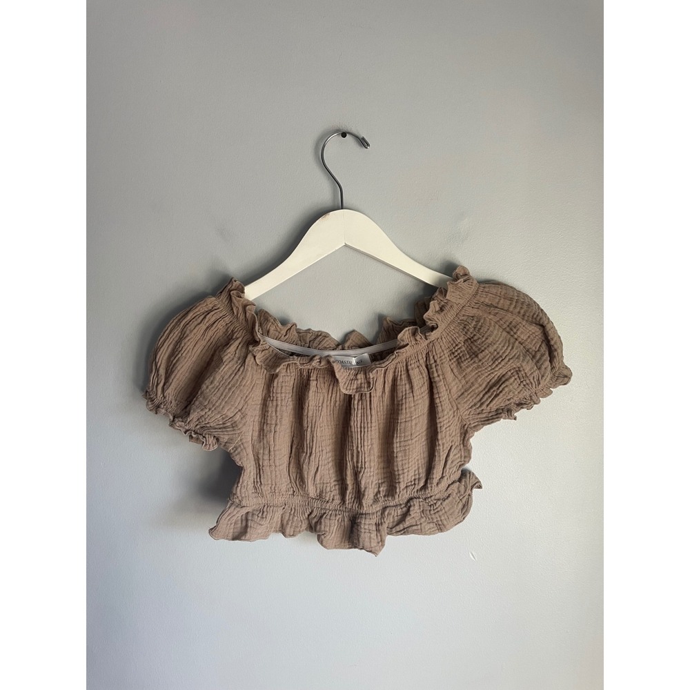 Coastal Cottage Brown Gauze Crop Top Off Shoulder Ruffle Puff Sleeve Boho Medium
